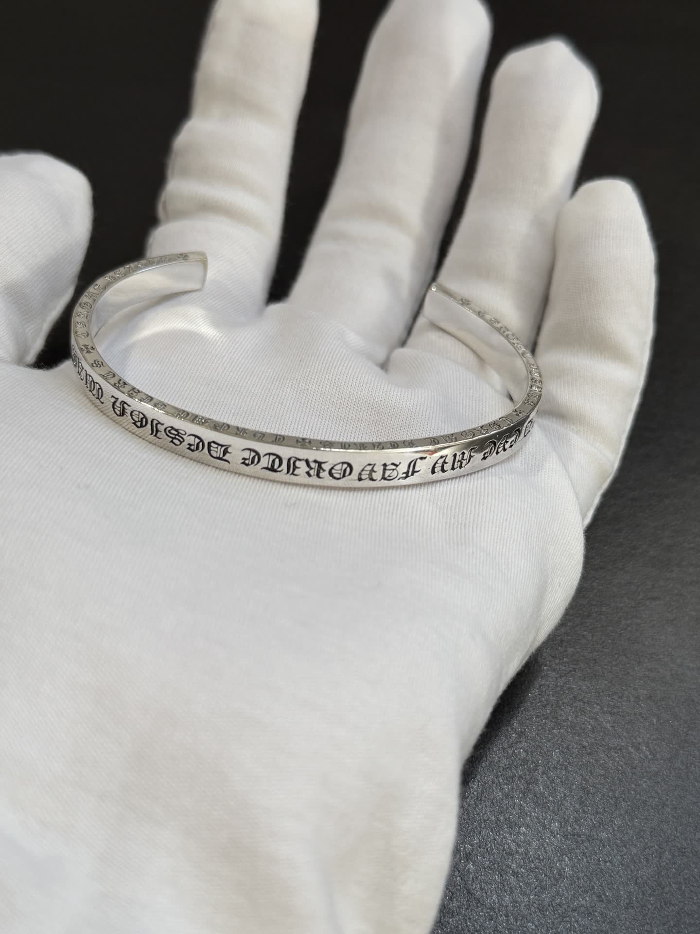 Chrome Hearts Silver Cuff Bracelets with Engraved Text